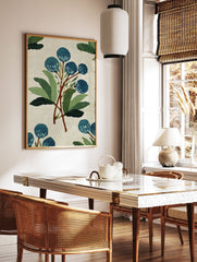 Blue botanical wall art print with painterly style blue flowers and green leaves on a light beige background. - Image 2
