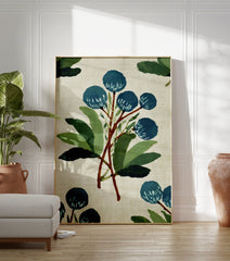 Blue botanical wall art print with painterly style blue flowers and green leaves on a light beige background. - Image 3