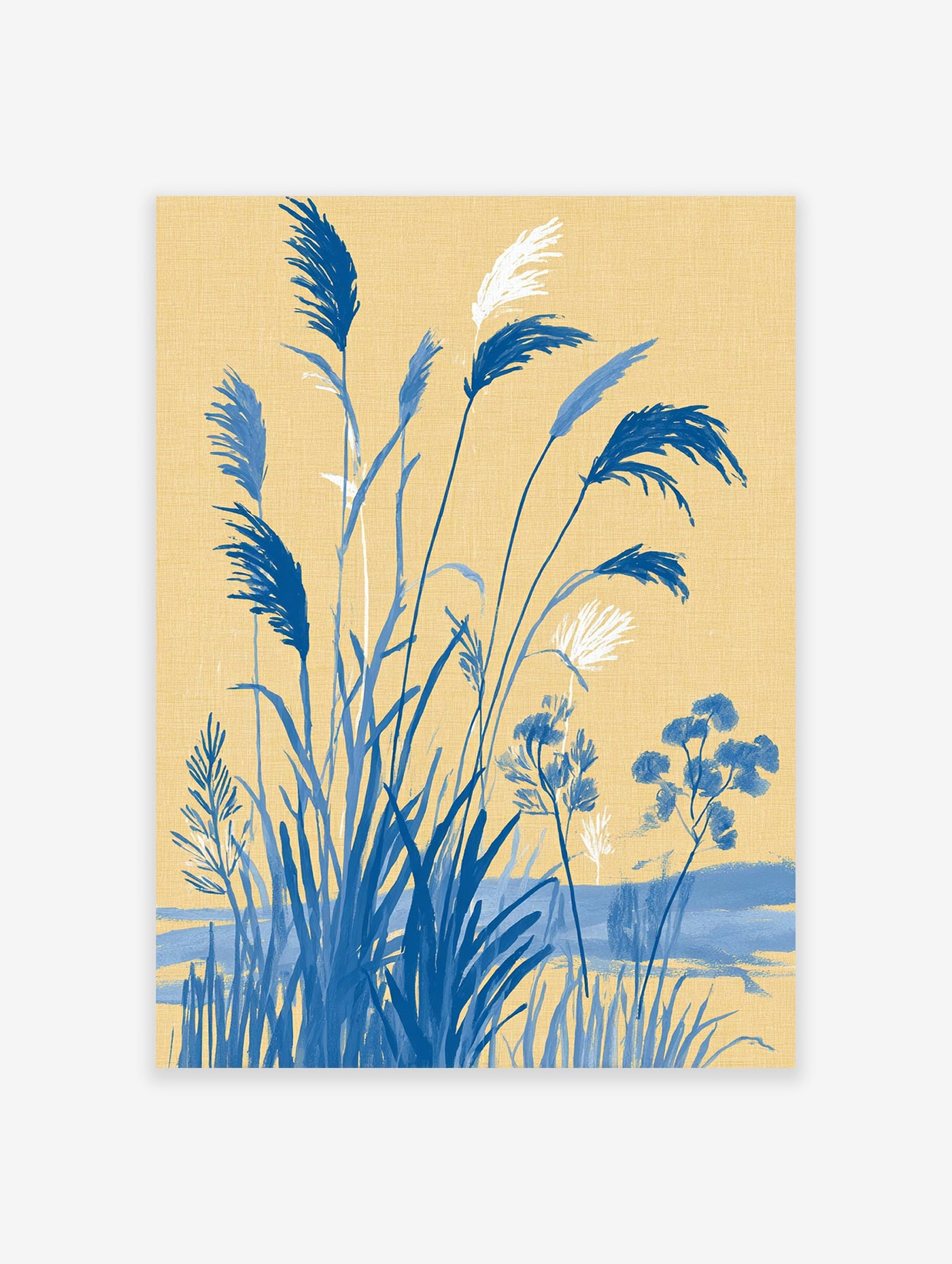 Blue botanical pampas grass illustration on a yellow textured background, featuring white accents