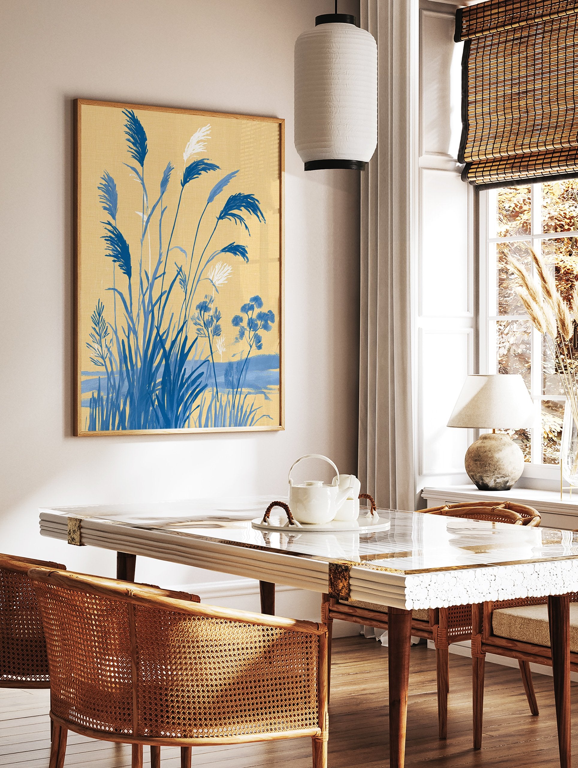 Blue botanical pampas grass illustration on a yellow textured background, featuring white accents - Image 2