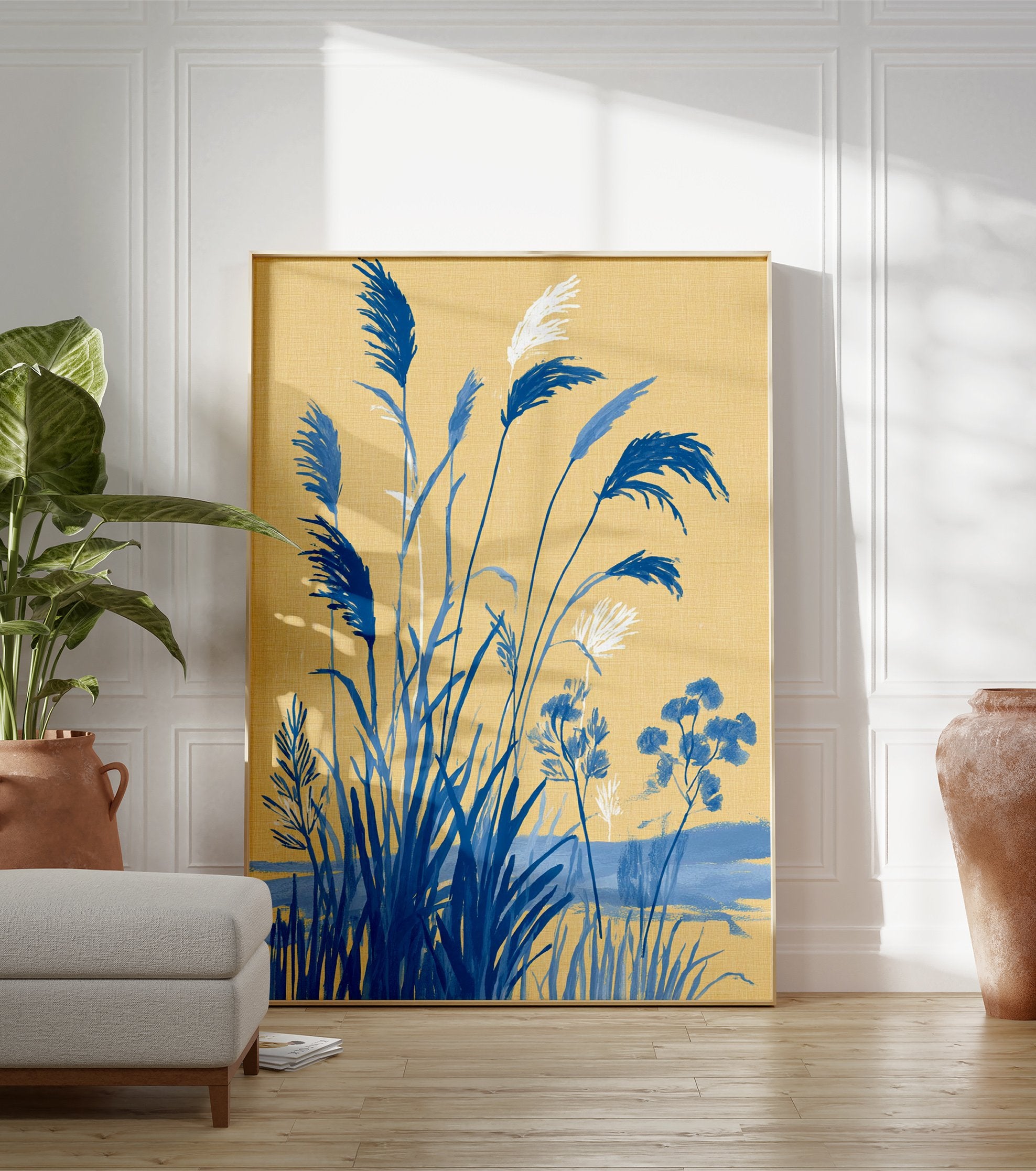 Blue botanical pampas grass illustration on a yellow textured background, featuring white accents - Image 3