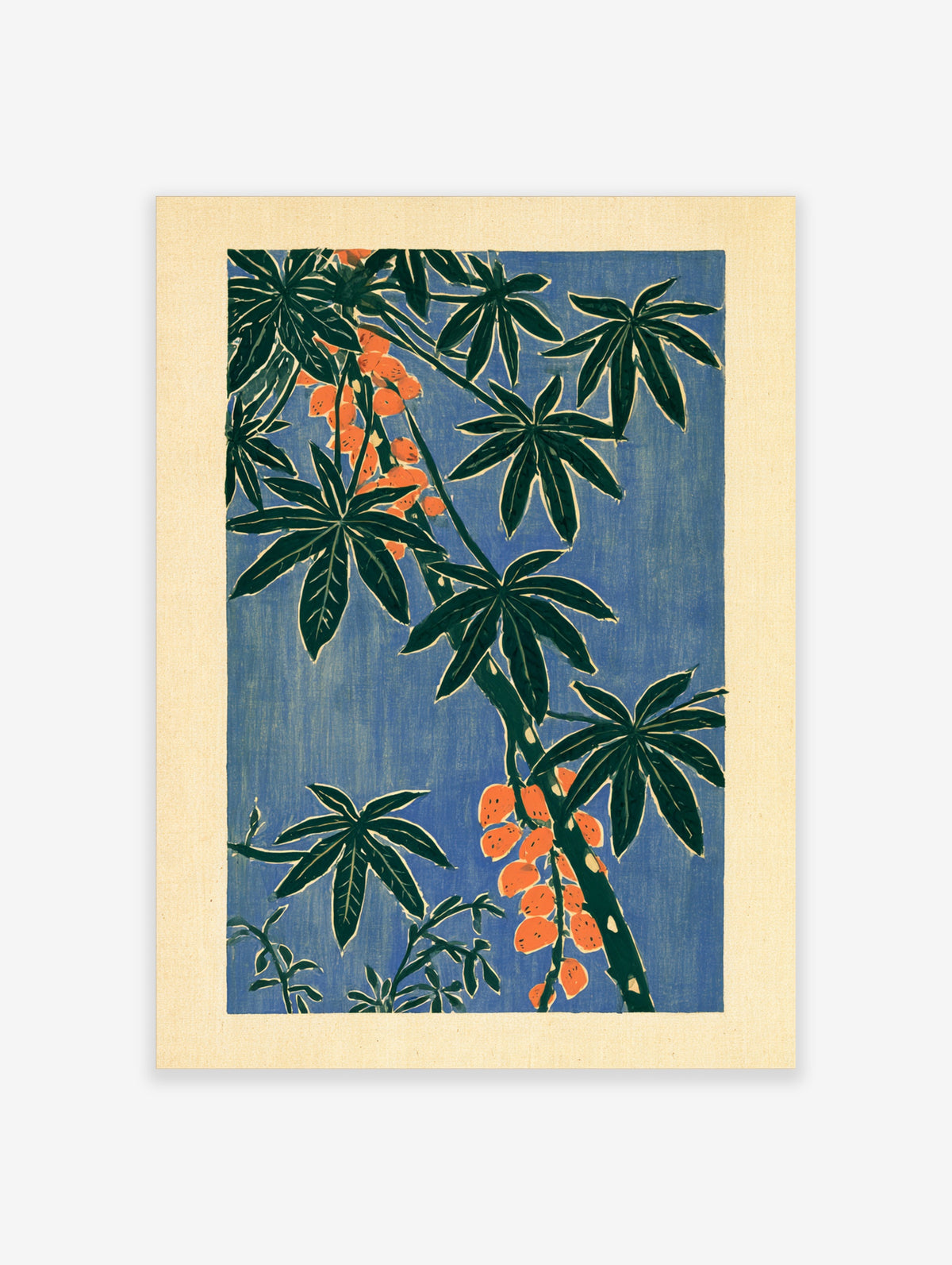 Blue botanical art print with dark green cassava leaves and orange fruit clusters on a textured blue background