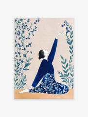 Illustrative print of a woman in a blue outfit in a kneeling yoga pose, reaching for blue flowers and green foliage