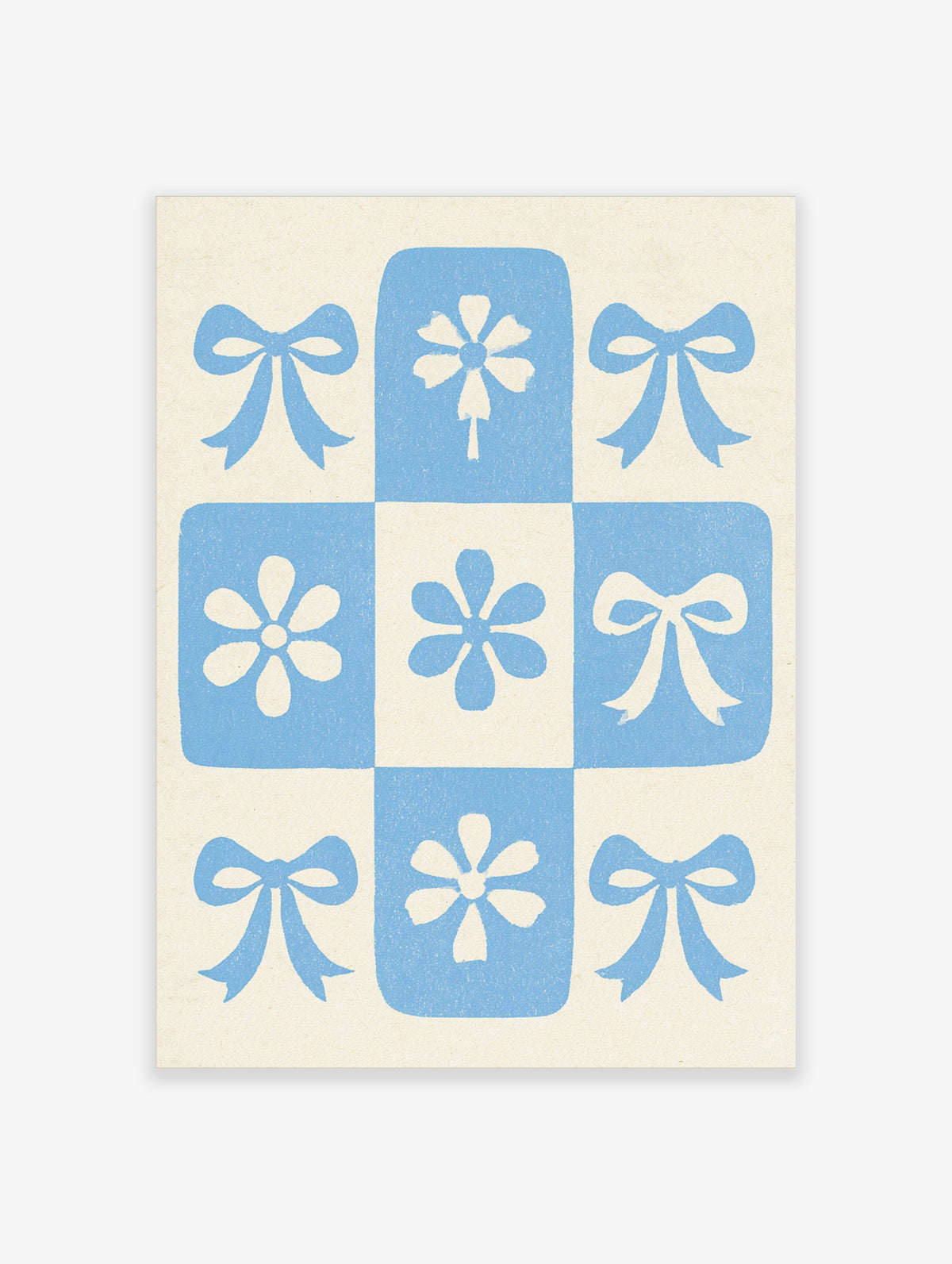 Blue and cream checkerboard poster with illustrated bows and daisy flowers in a nine-square grid