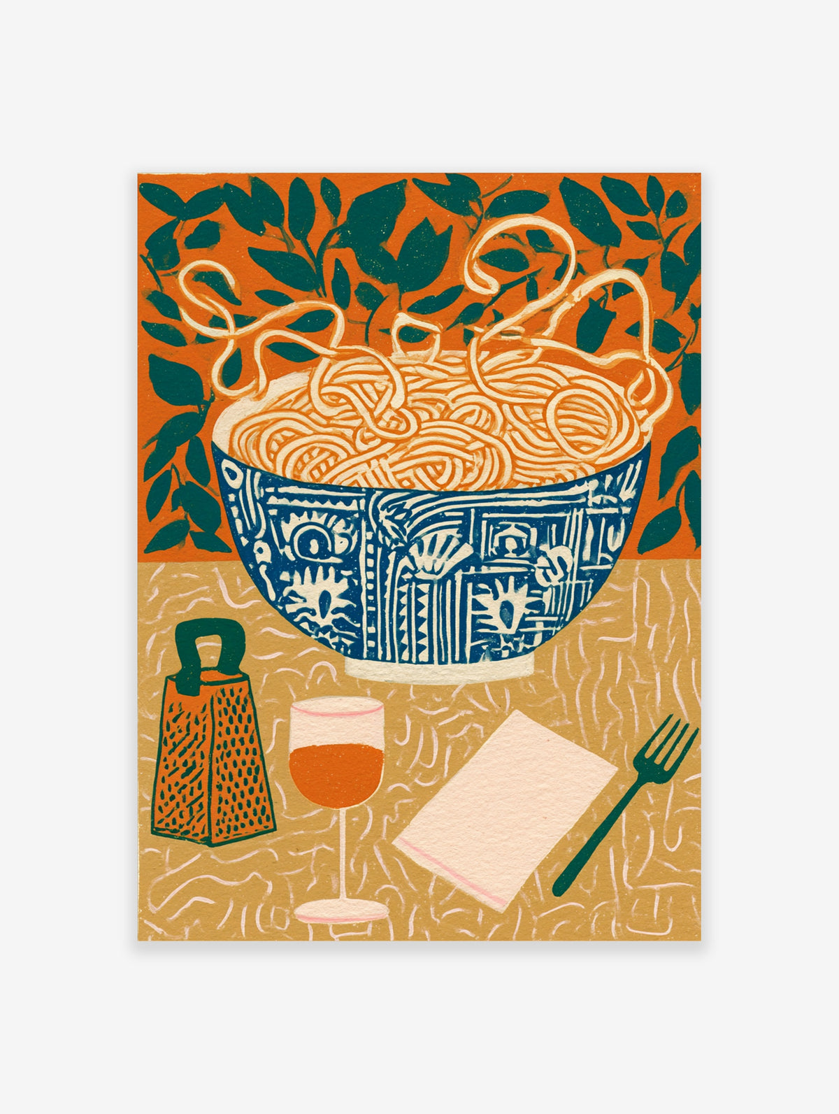 Blue patterned bowl of spaghetti with grater, wine glass, napkin and fork on tan background art print