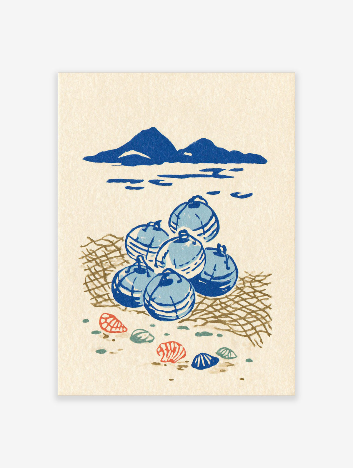 Blue buoys on a fishing net with seashells and mountain sea background, coastal print