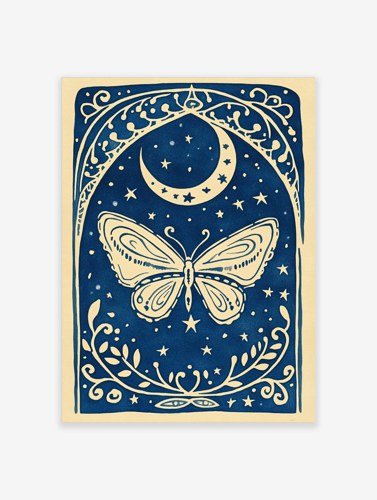 Illustrative blue and white butterfly with crescent moon, stars, and ornate botanical border art print