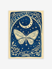 Illustrative blue and white butterfly with crescent moon, stars, and ornate botanical border art print