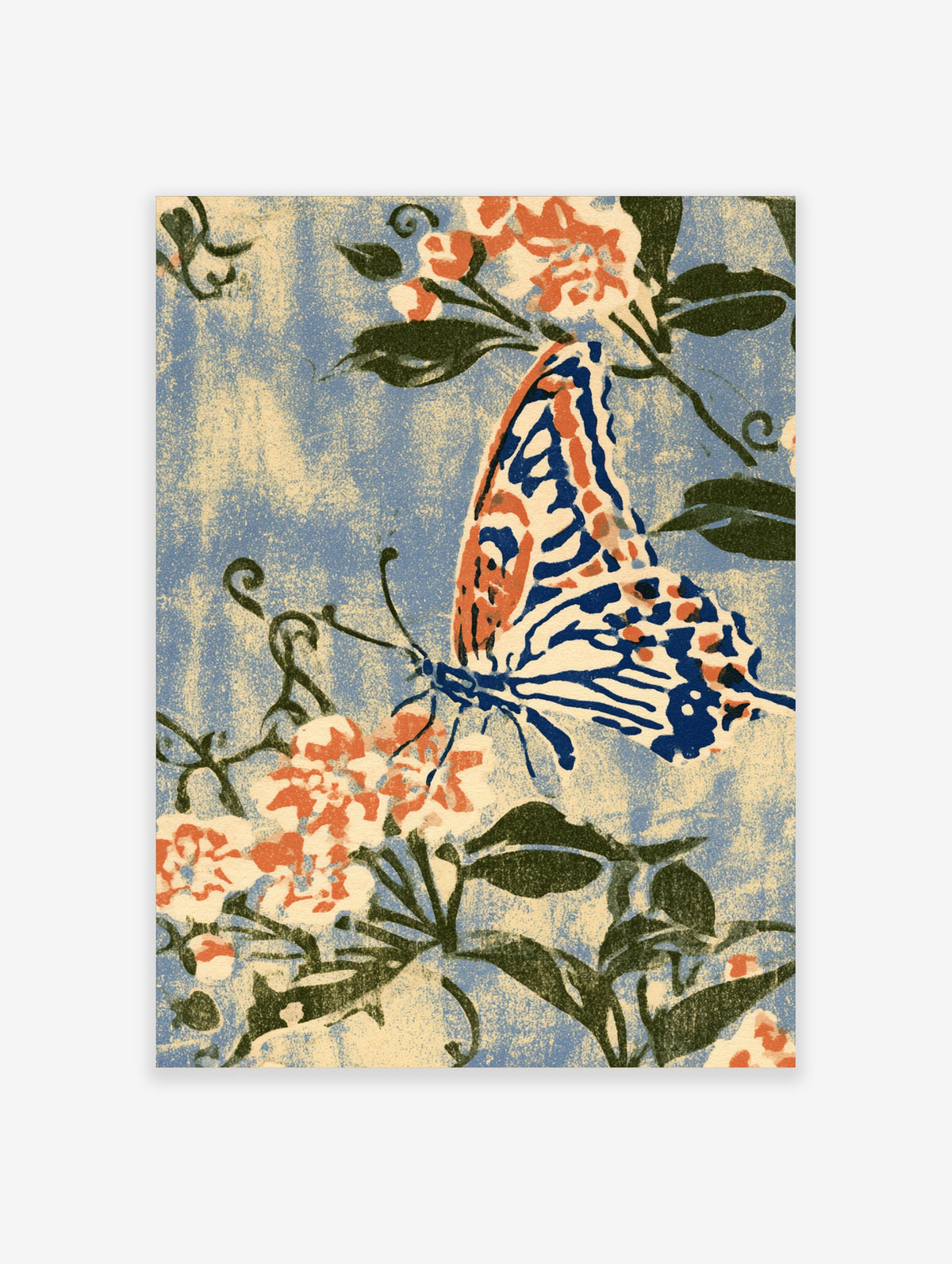 Blue and orange butterfly with cream blossoms on textured blue background, botanical art print