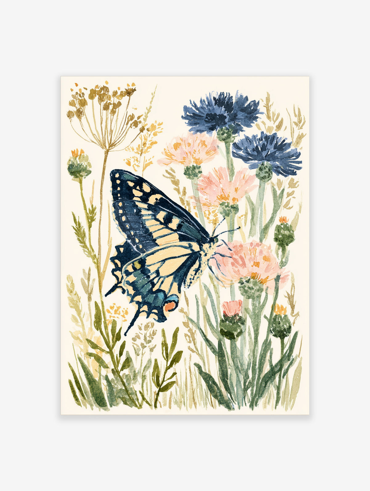 Blue swallowtail butterfly over pink and navy wildflowers, watercolour botanical art print