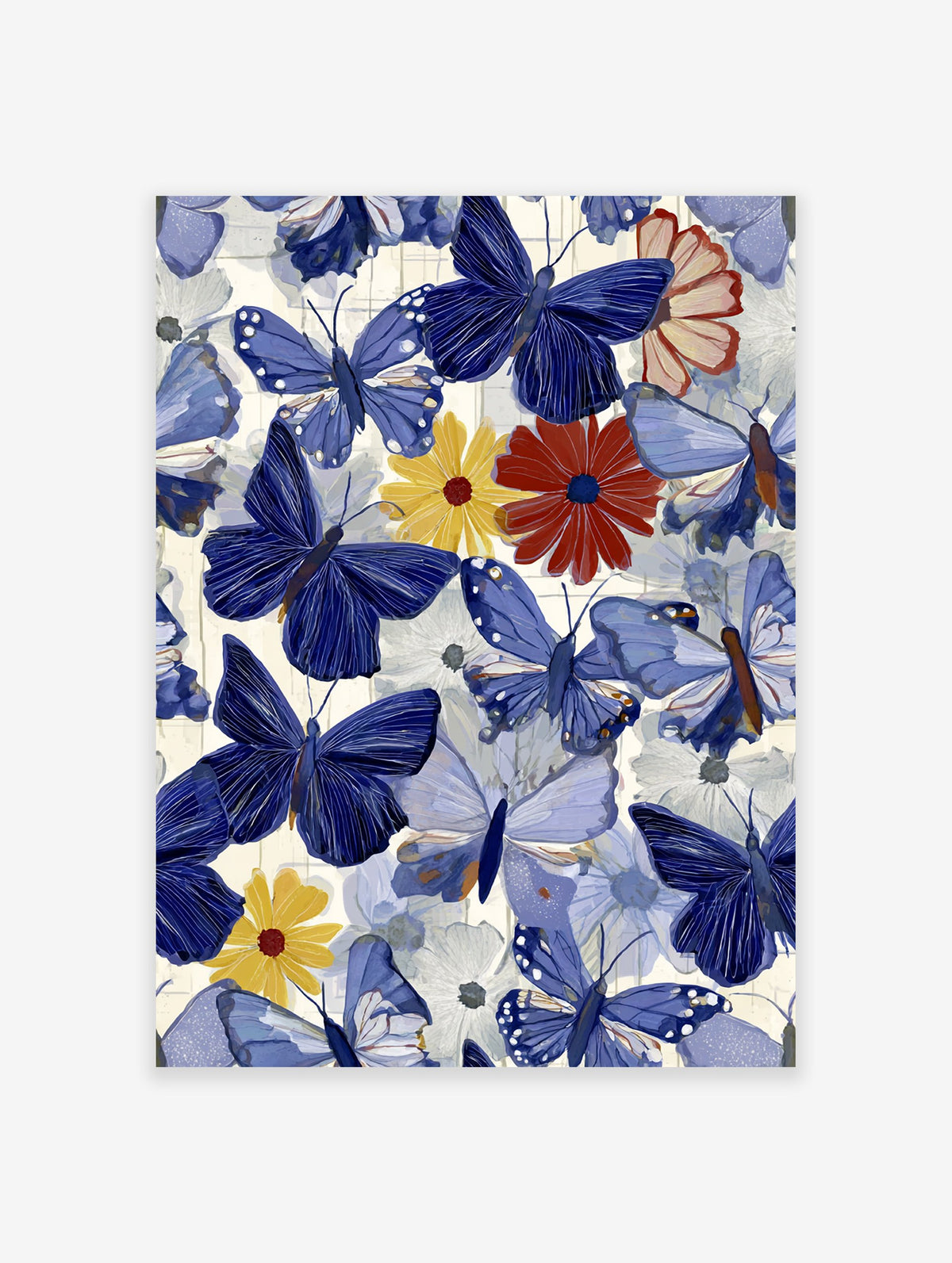 Blue butterfly and colorful floral pattern art print with red, yellow, and white flowers on a light background.