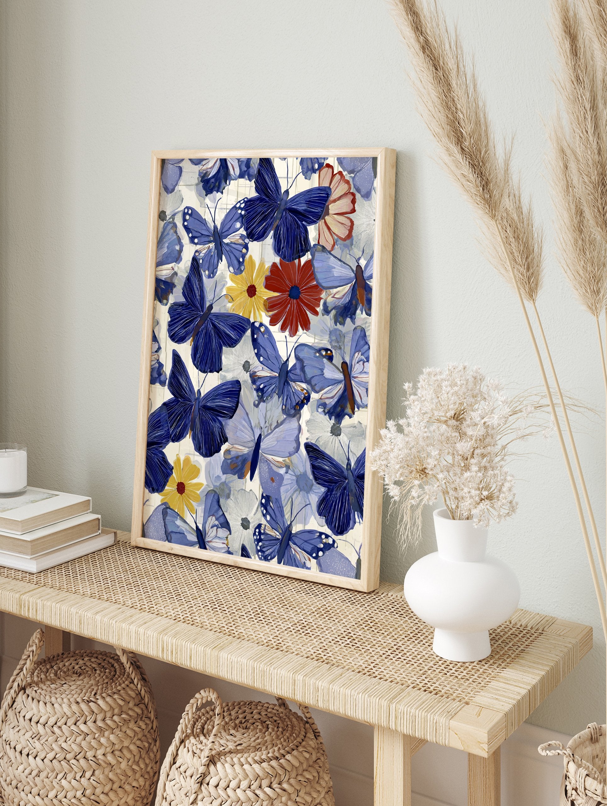 Blue butterfly and colorful floral pattern art print with red, yellow, and white flowers on a light background. - Image 3