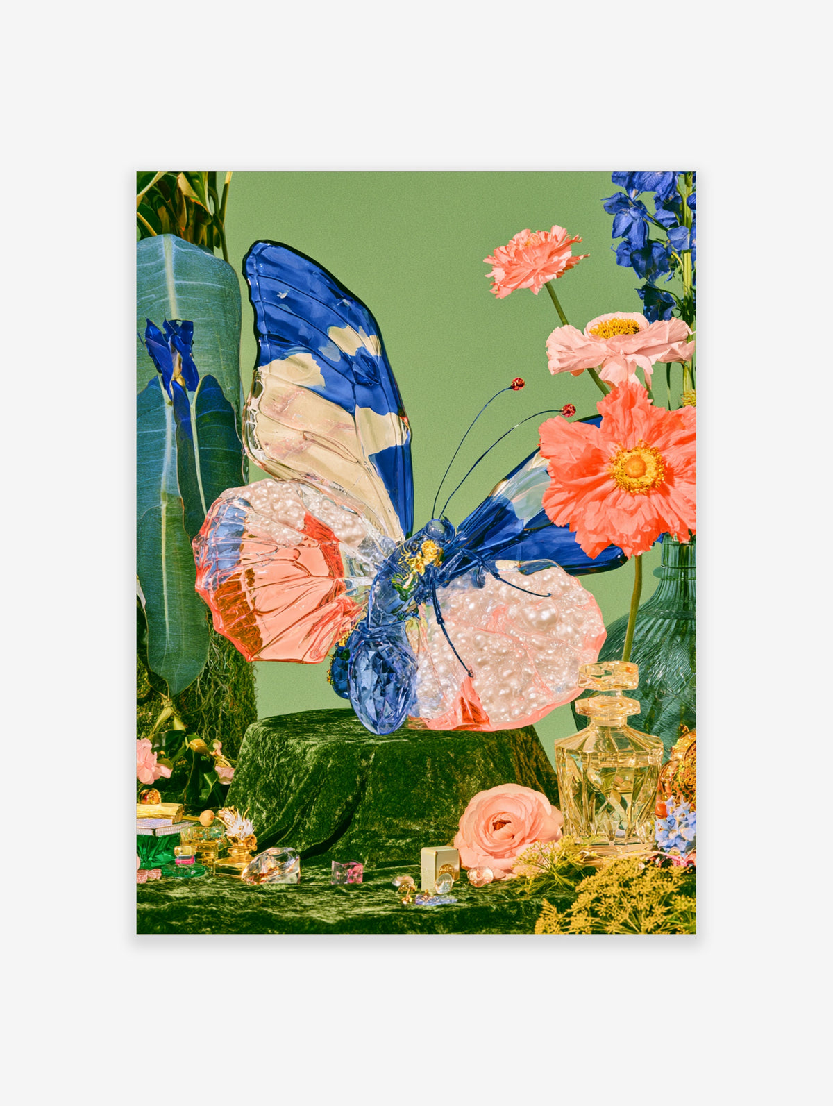 Blue glass-effect butterfly with pink poppies and green leaves on a green background