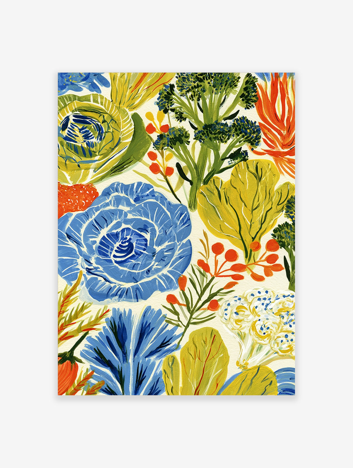 Blue cabbage rose and green broccoli vegetable art print on cream background