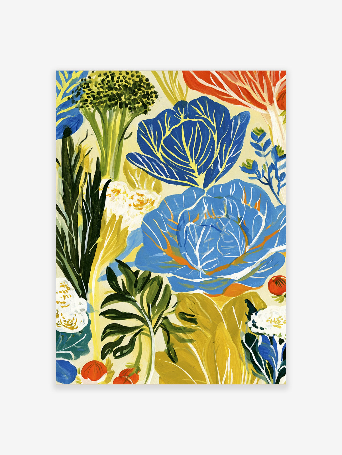 Blue cabbage and vegetable art print with broccoli, cauliflower, and tomatoes on cream background