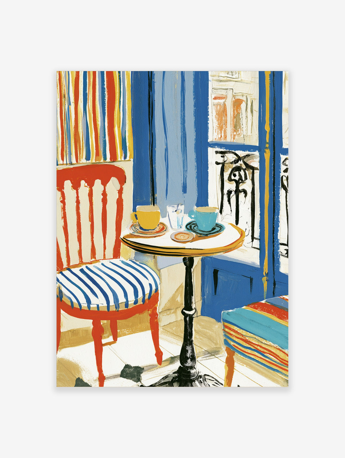Colourful cafe art print with blue bistro table, yellow and blue cups, red chair, and blue shutters