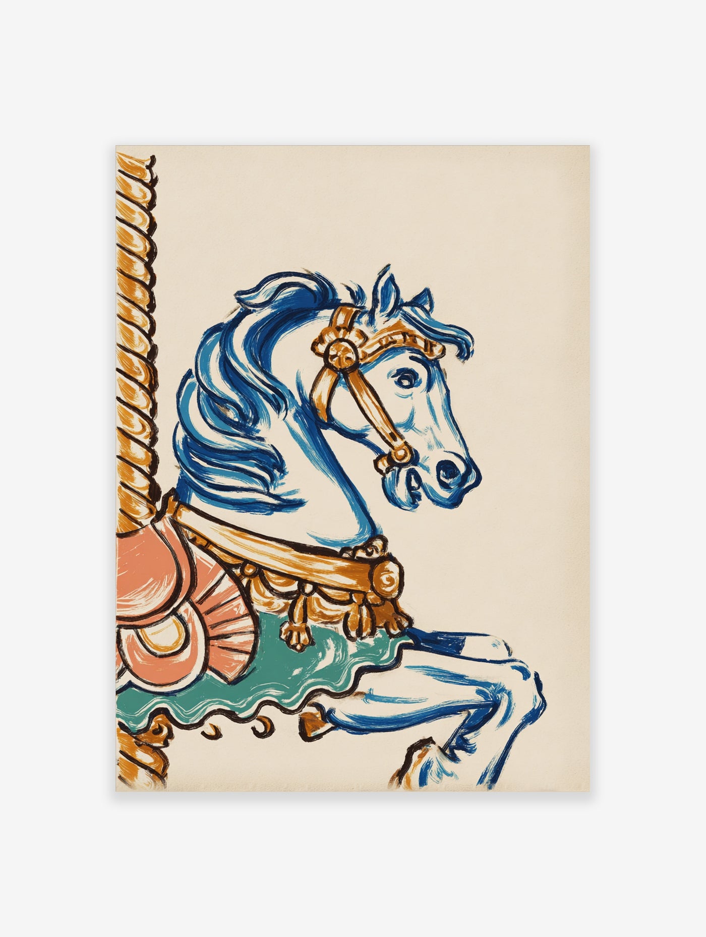 Illustrated blue carousel horse with gold harness and teal saddle on white background