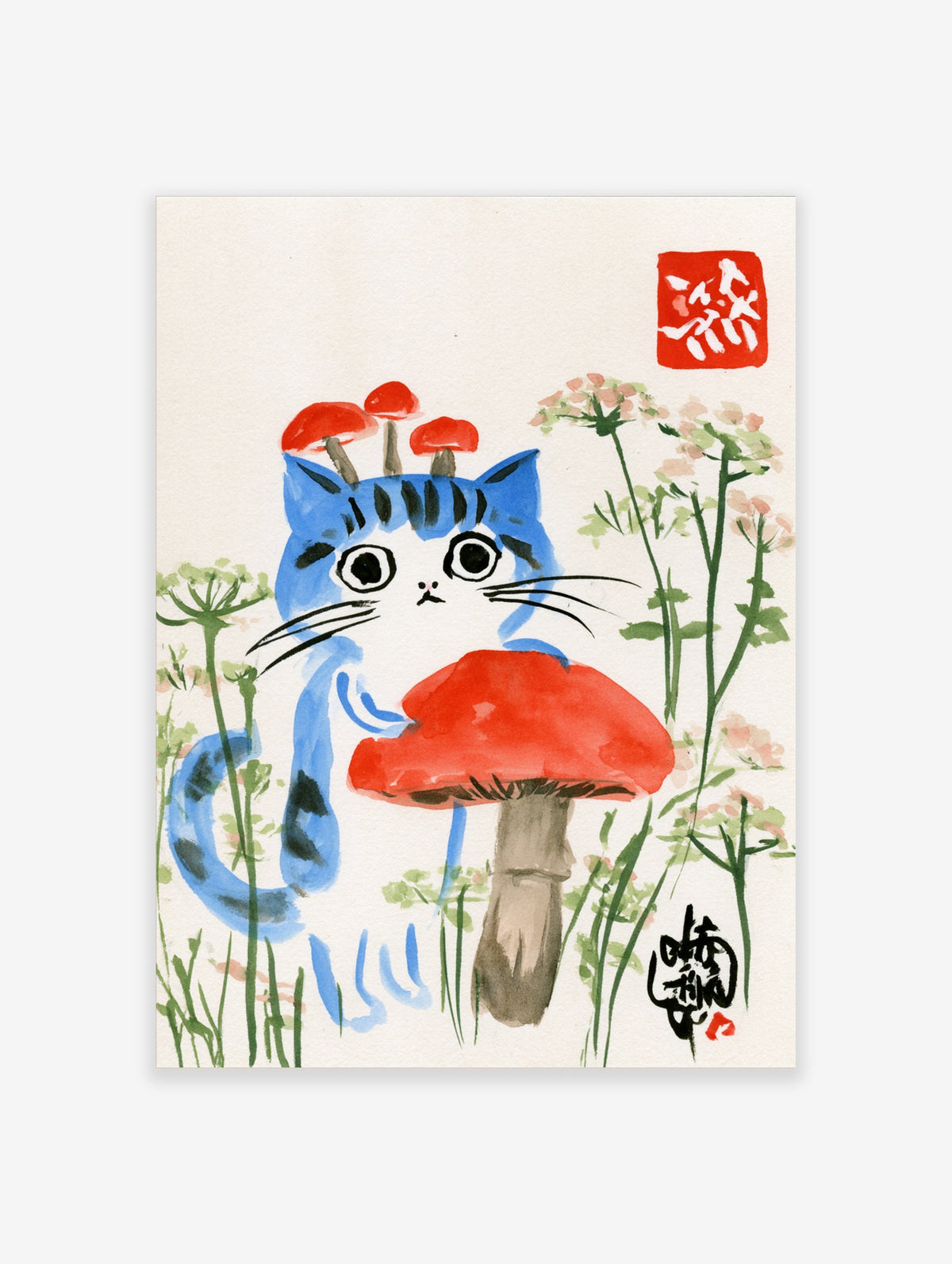 Blue cat with red mushrooms on its head, Japanese woodblock style poster with green stems and red seal