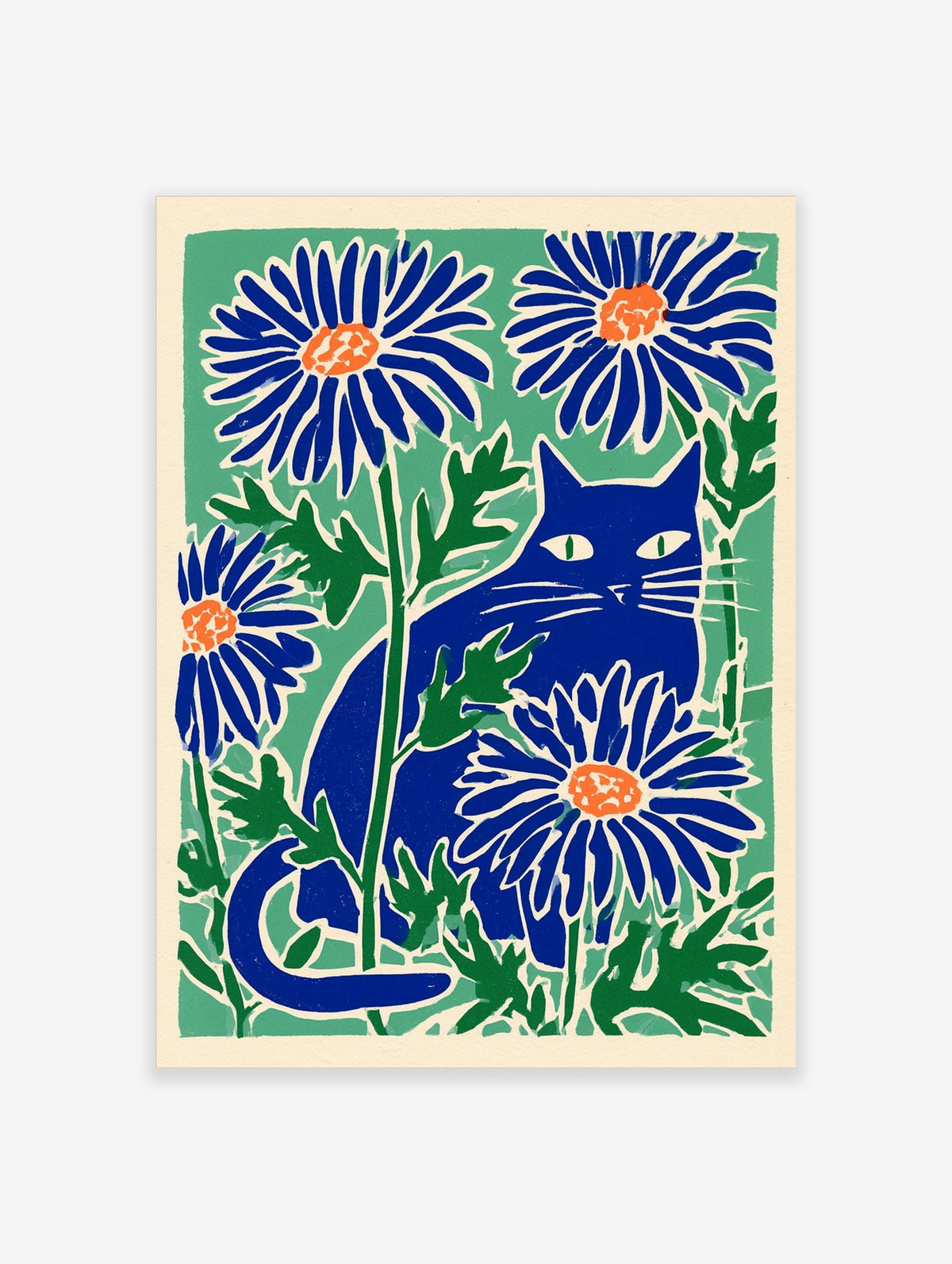 Blue cat sitting among blue flowers with orange centres and green leaves on a teal background art print