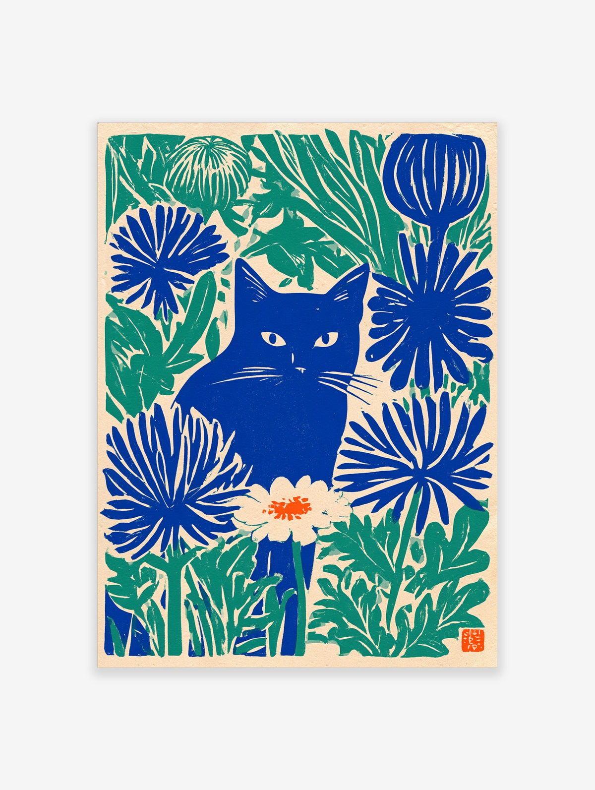 Blue cat poster with green leaves and blue flowers on cream background