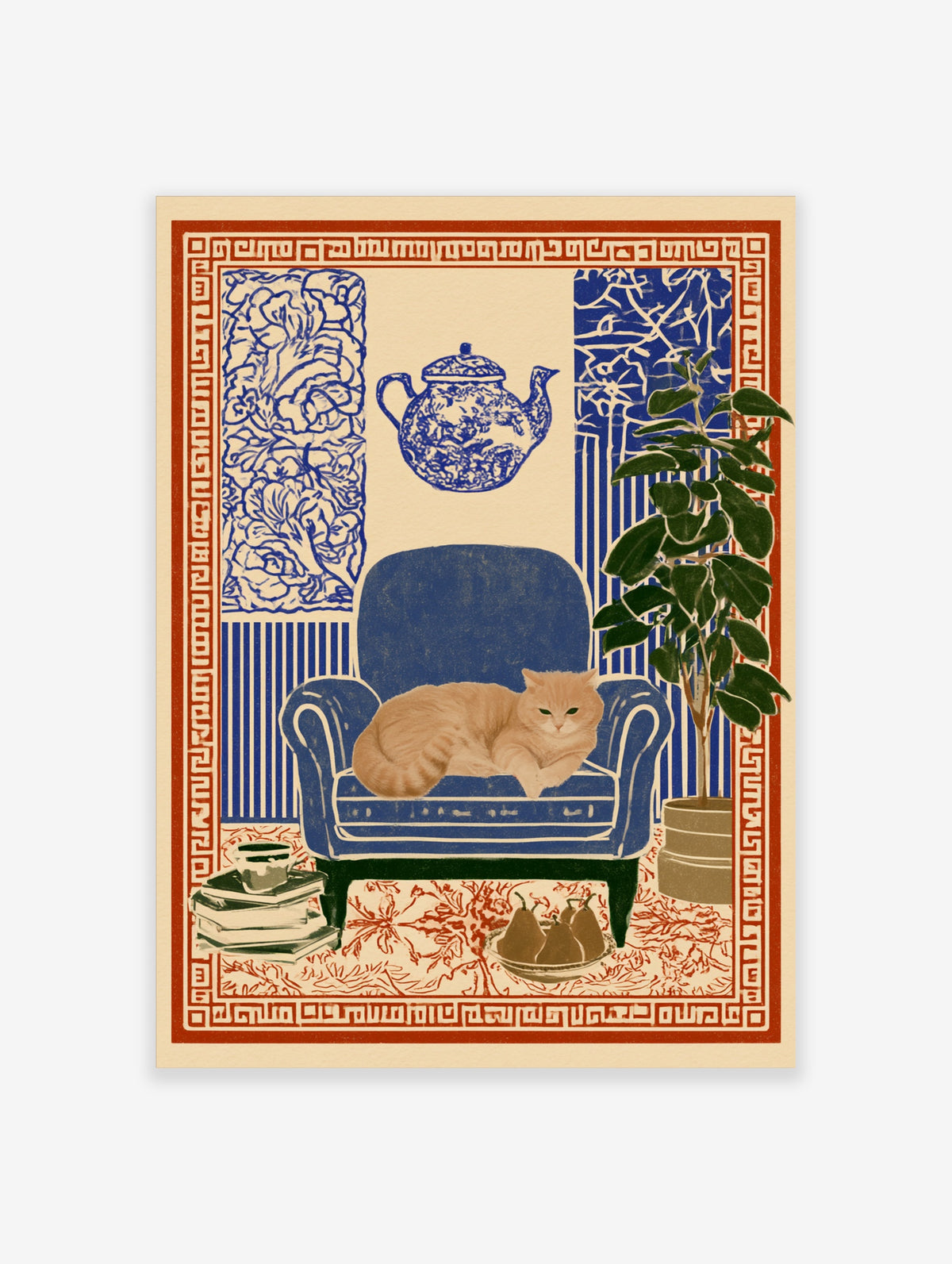 Ginger cat on blue armchair with teapot, plant and pears in blue and white poster