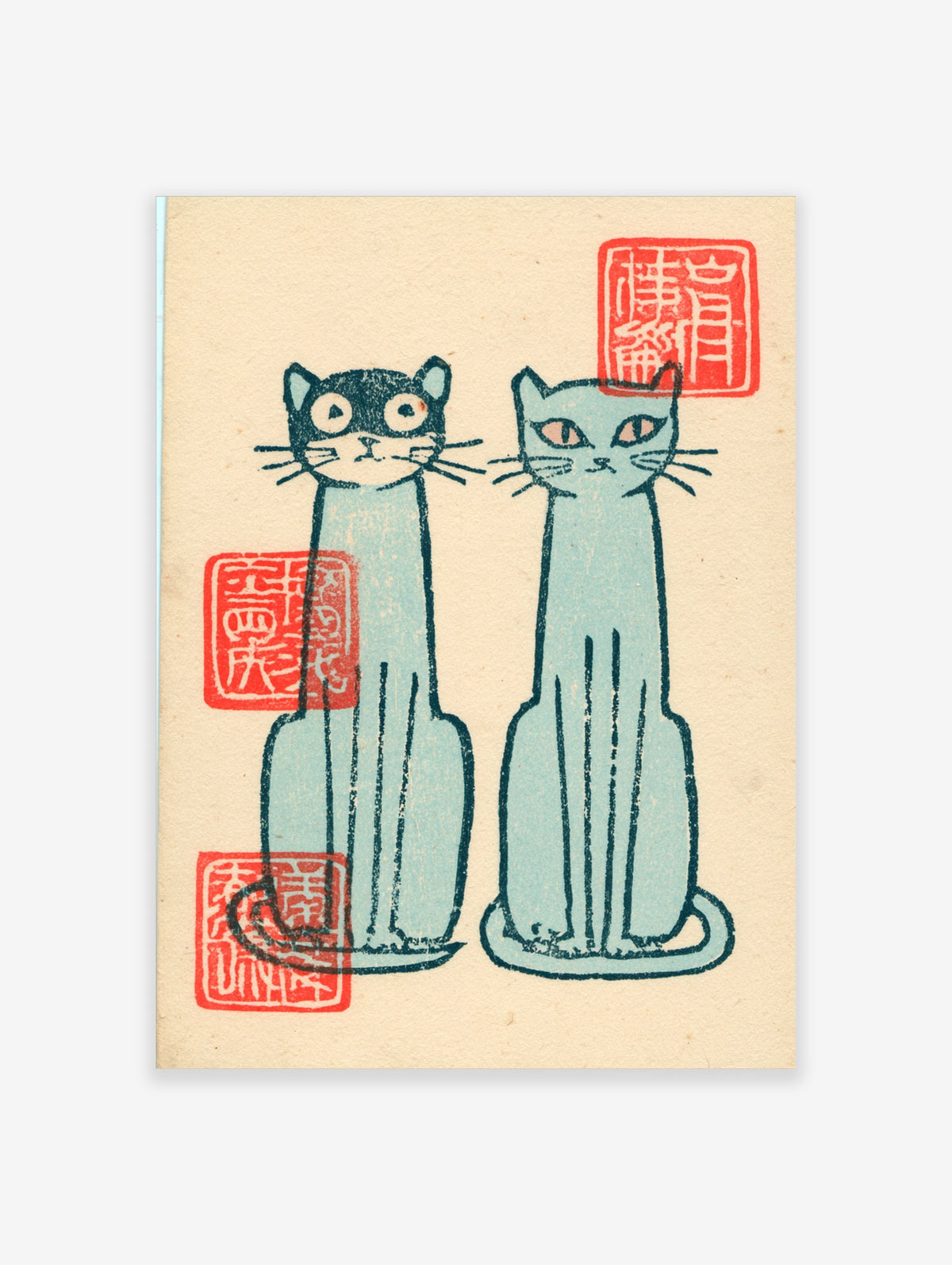 Two blue cats sitting side by side with red seal stamps on a cream background, Japanese woodblock style cat poster