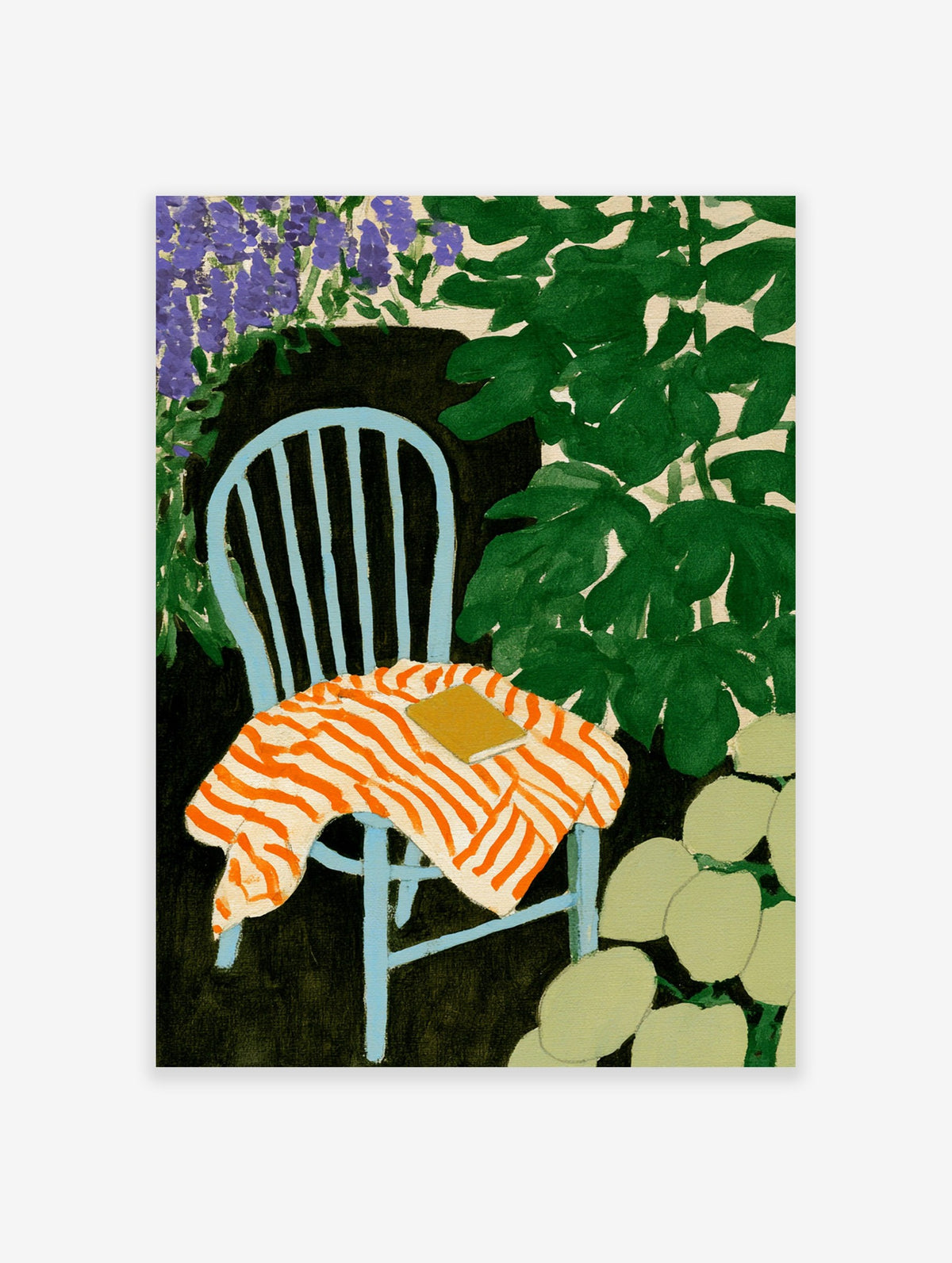 An illustrative art print of a blue garden chair with an orange striped blanket and a book among green leaves and purple