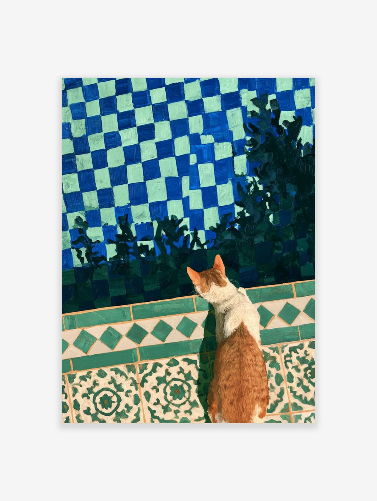 Ginger and white cat looking at blue and green checkerboard tile wall with leaf shadows art print
