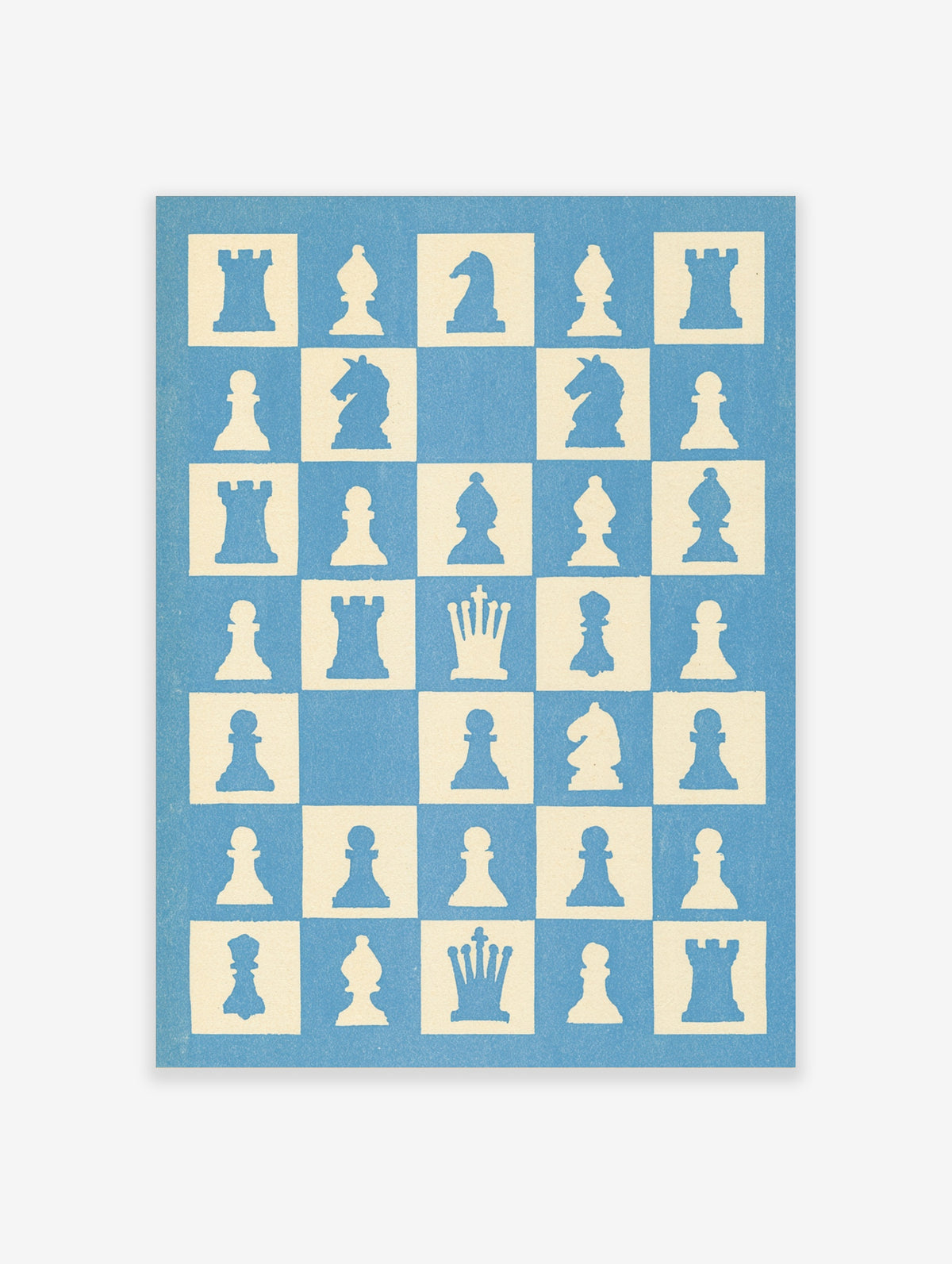 Blue and cream chess board poster with king, queen, knight, rook, bishop and pawn silhouettes in a grid layout