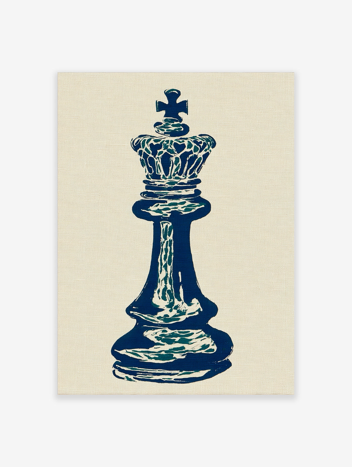 Navy blue chess king poster with cross finial and ornate crown on beige background