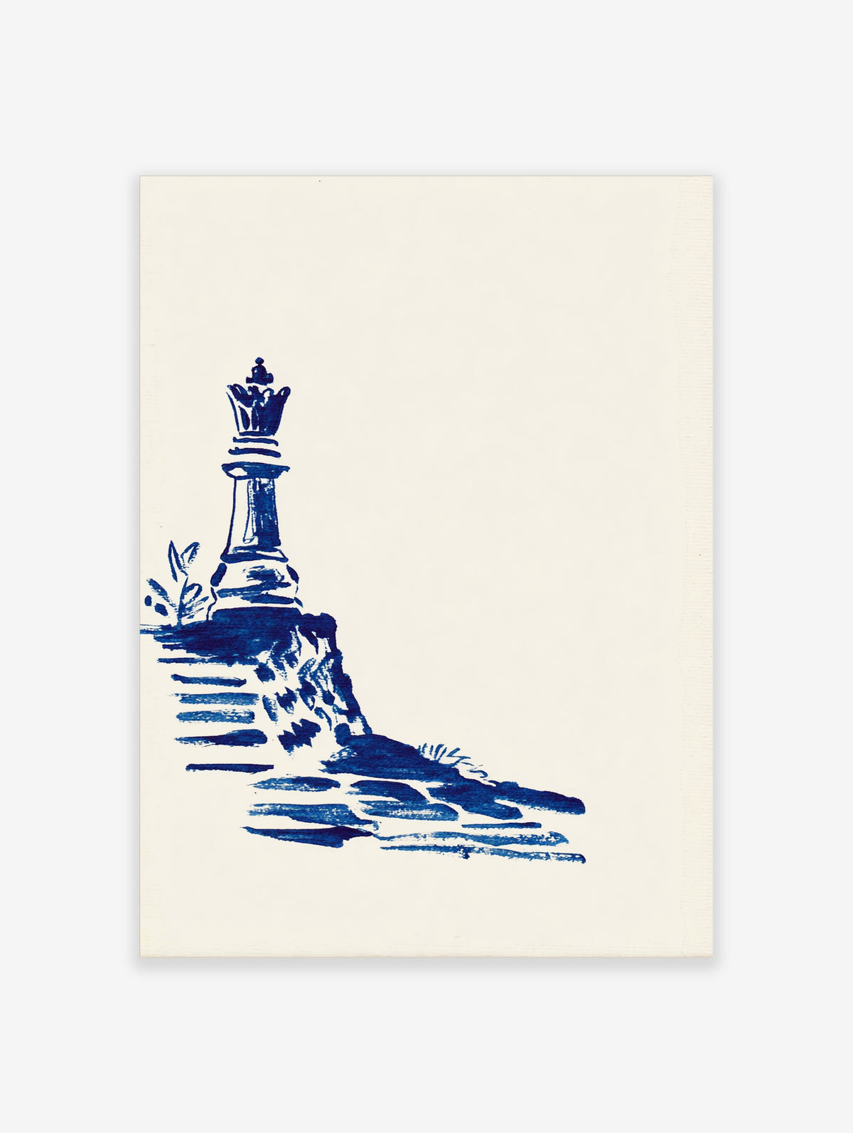 Navy blue chess king sketch on a rocky ledge with leaf motifs, cream background, chess poster