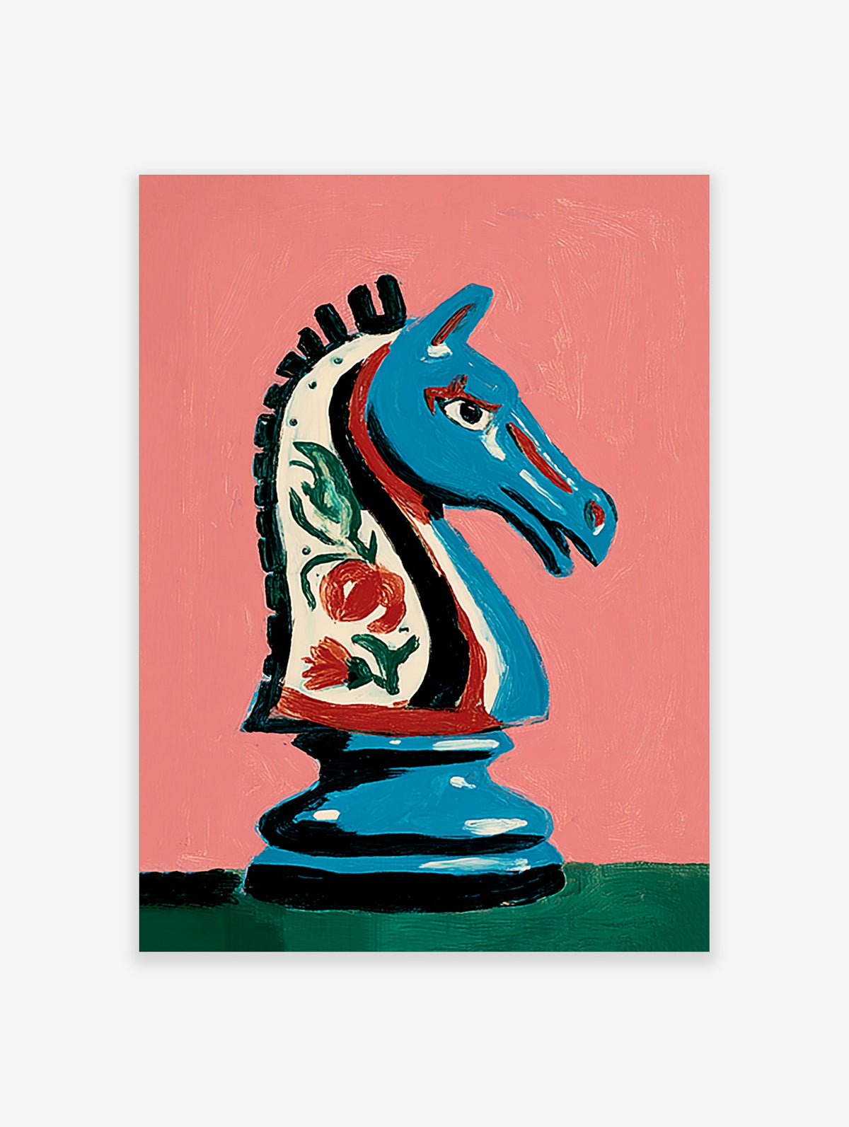 Blue chess knight with red floral motifs on white panel, pink background, illustrative art print