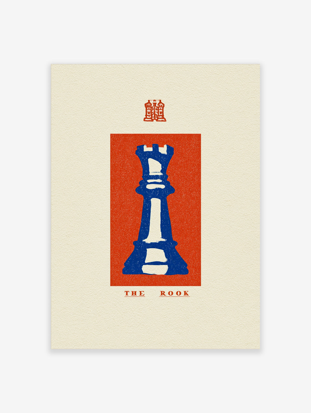Blue chess rook silhouette on a red block with THE ROOK text, minimalist poster design