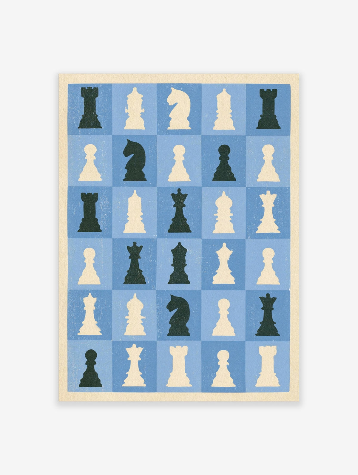 Blue and cream chess wall art print with king, queen, knight, rook and pawn silhouettes on a blue grid