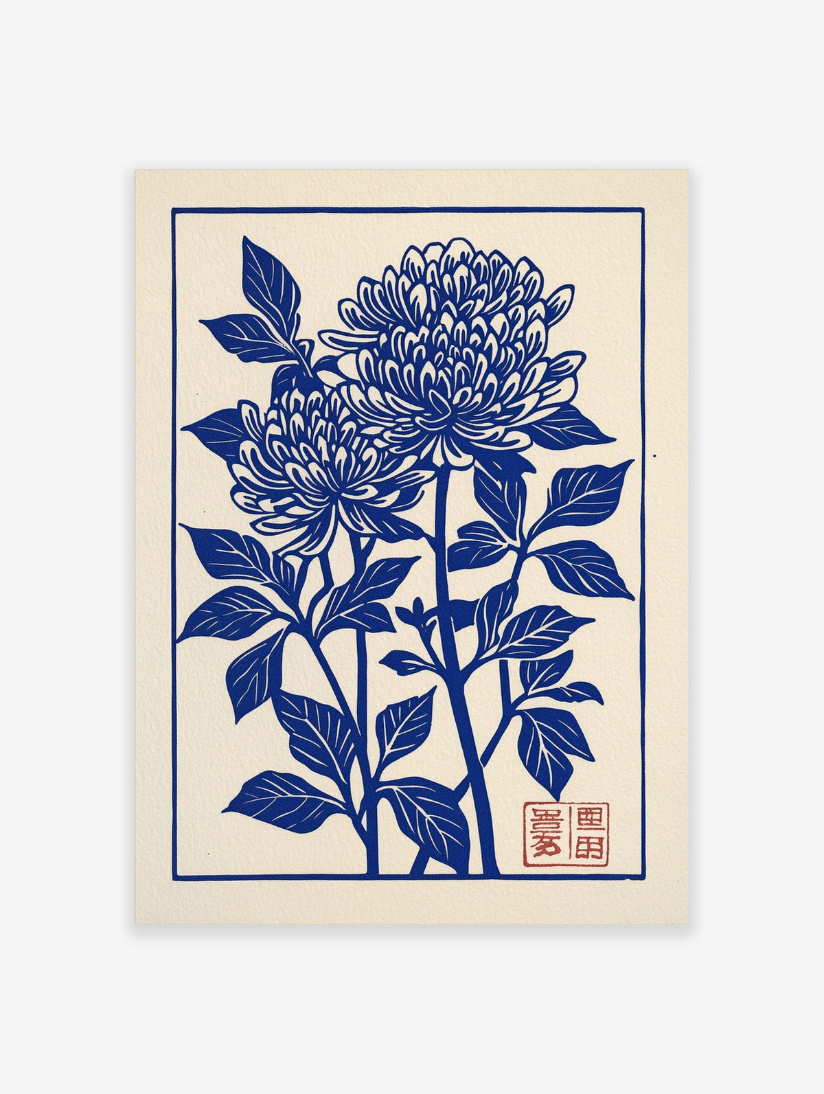 Blue chrysanthemum botanical illustration art print in Japanese woodblock style with red seal