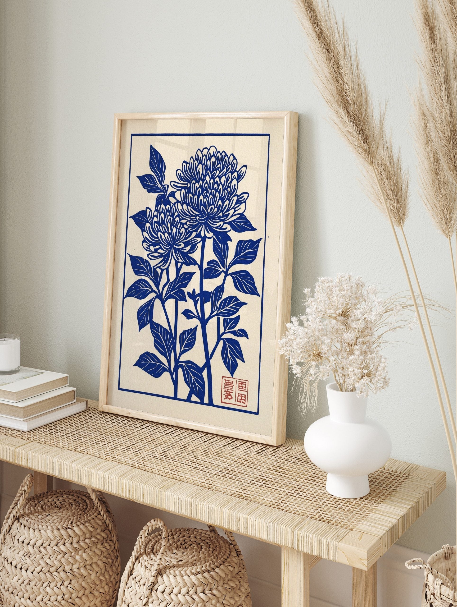 Blue chrysanthemum botanical illustration art print in Japanese woodblock style with red seal, in an alternate framed mockup