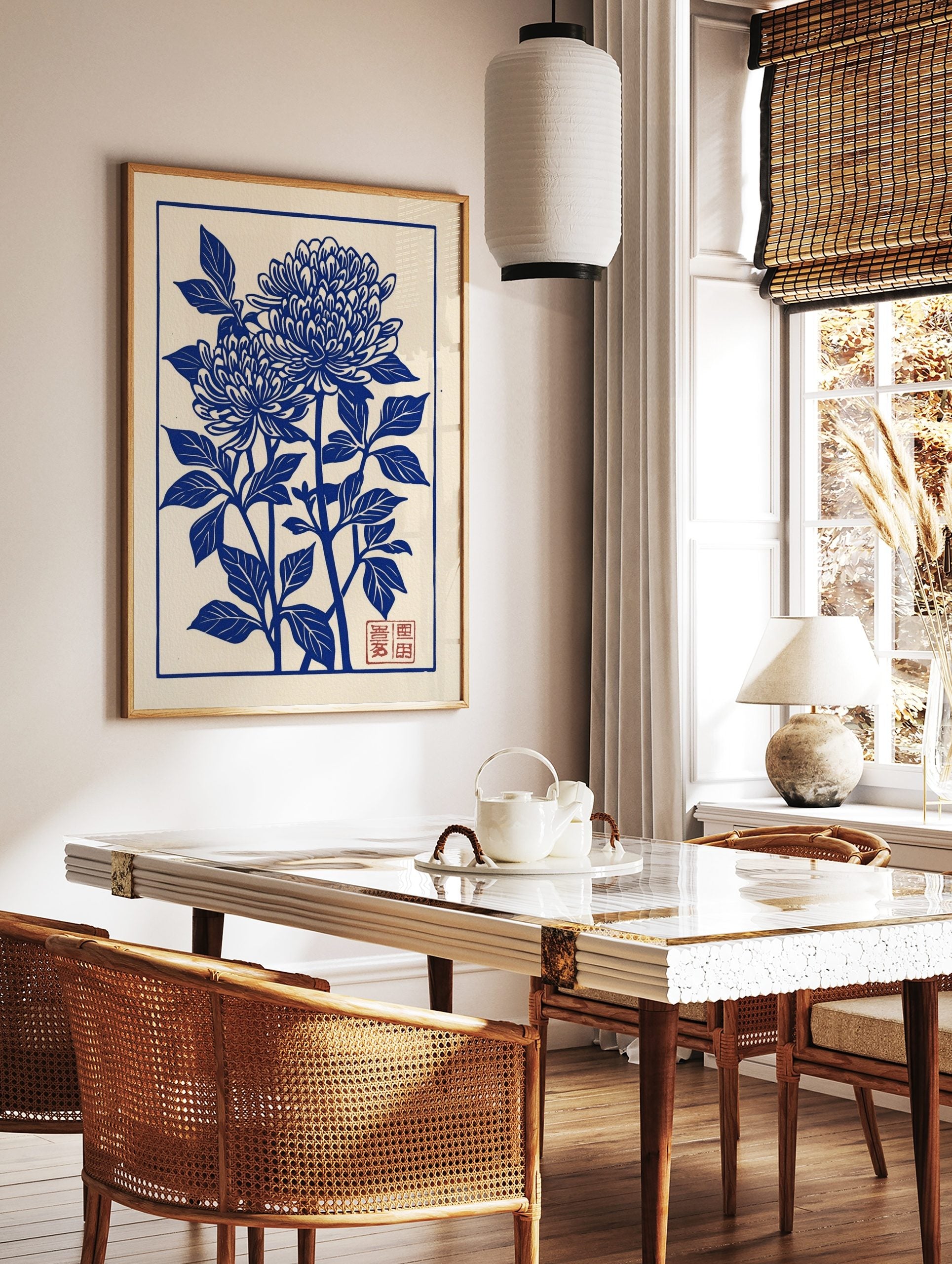 Blue chrysanthemum botanical illustration art print in Japanese woodblock style with red seal, in a styled room mockup