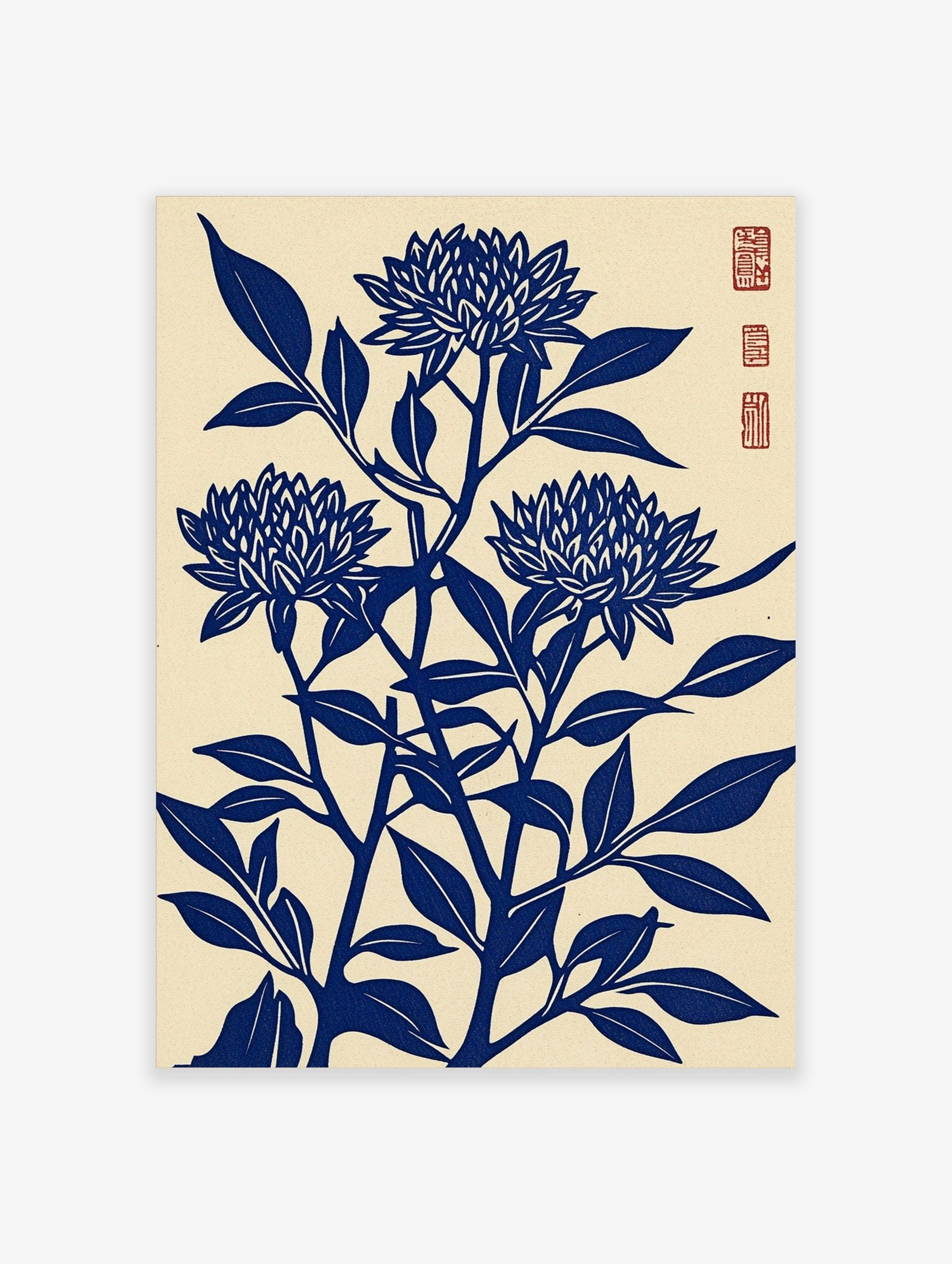 Blue chrysanthemum flower woodblock art print with leaves on a cream background, portrait orientation