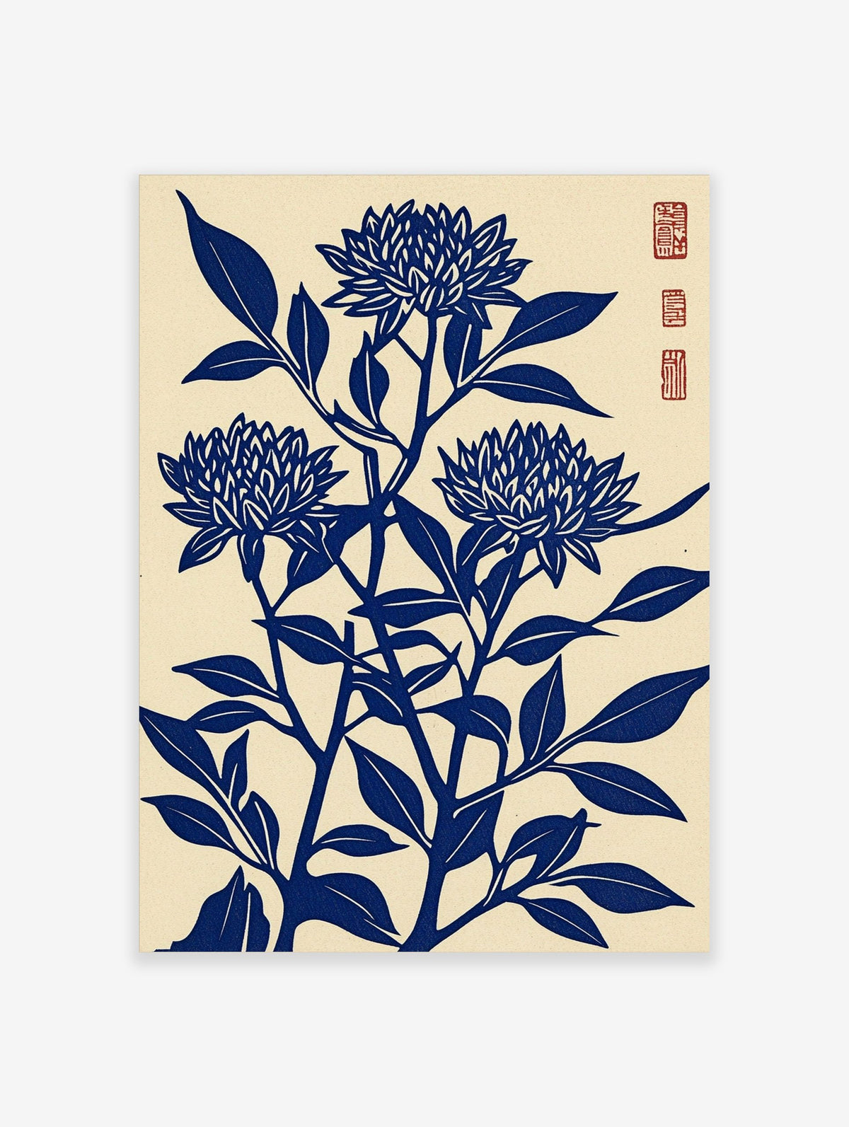 Blue chrysanthemum flower woodblock art print with leaves on a cream background, portrait orientation