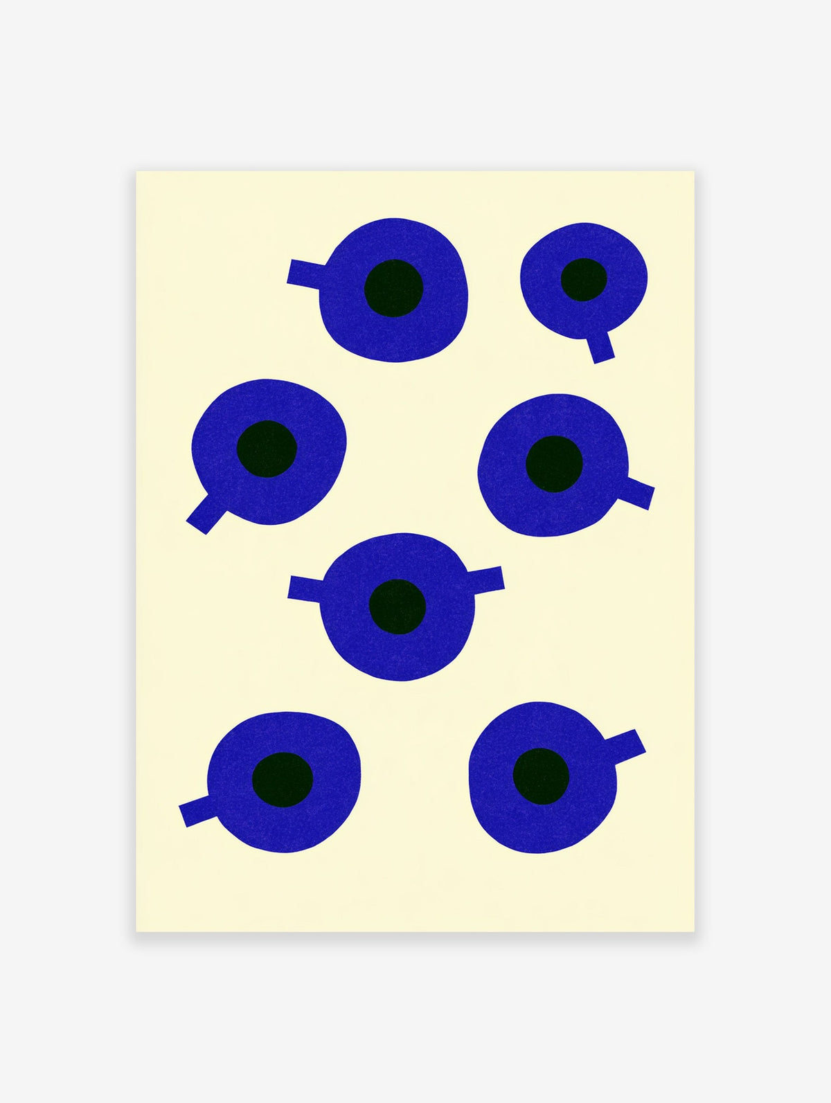 Minimalist blue circle shapes with dark centres on a cream background, abstract geometric wall art print