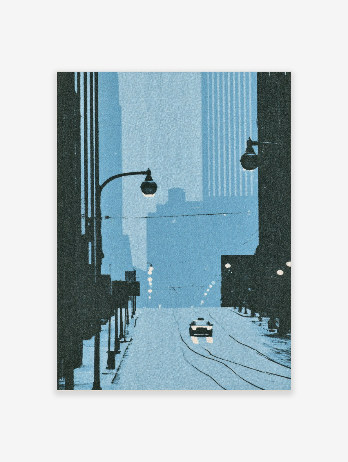 Blue city street poster with a lone car on a snowy road, tall buildings and street lamps