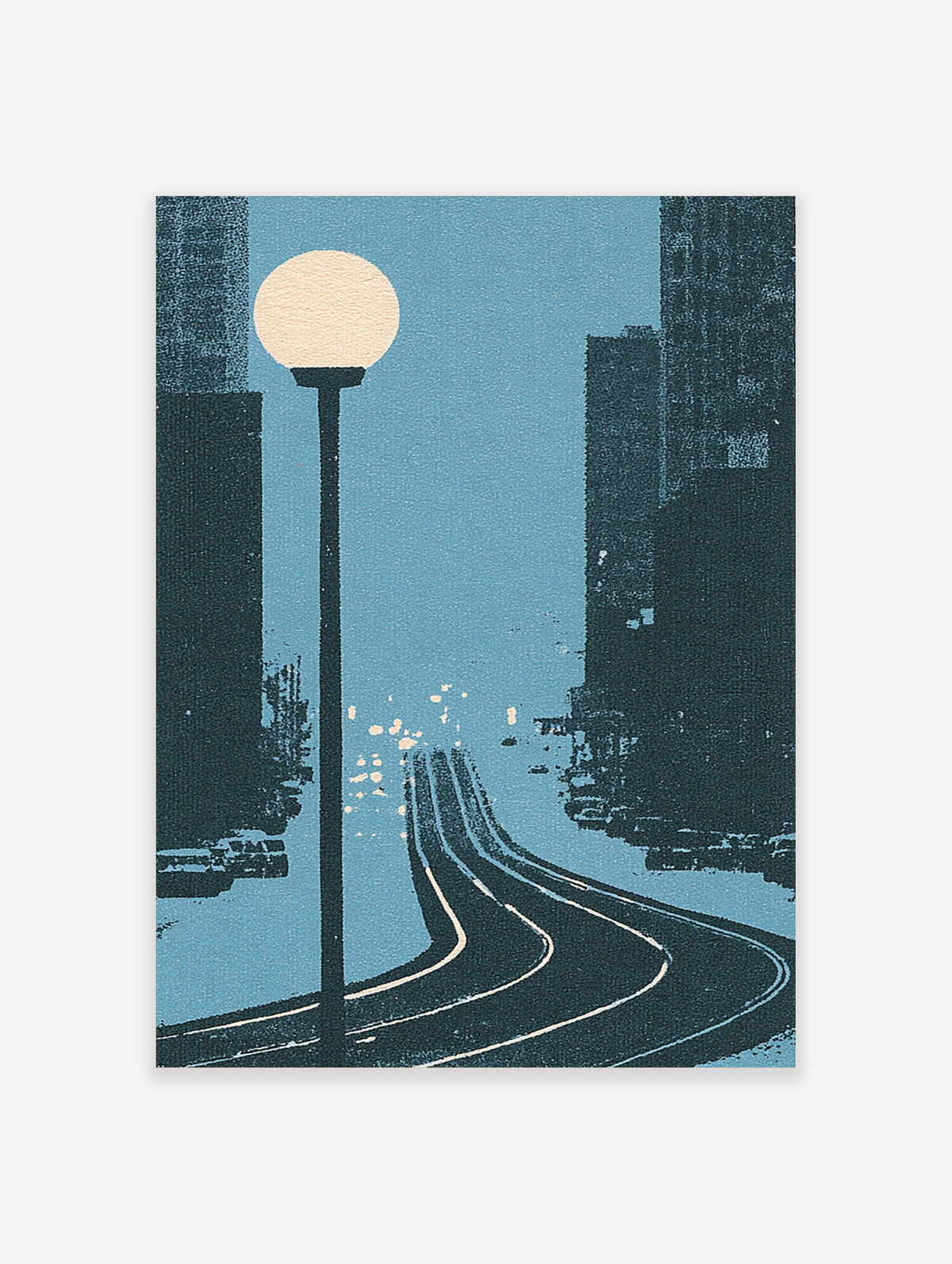 Blue city street poster with glowing street lamp, curved road, and dark building silhouettes at night