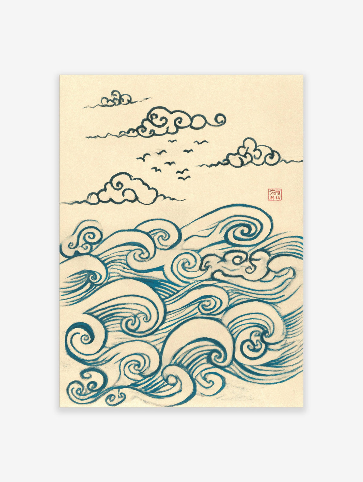 Blue line art print of stylised clouds, swirling waves, and birds on cream paper
