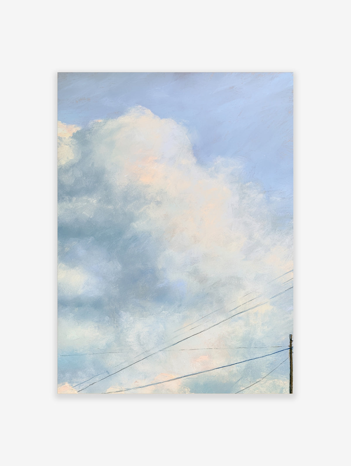 Blue and cream cloud sky poster with soft pastel texture and diagonal power lines