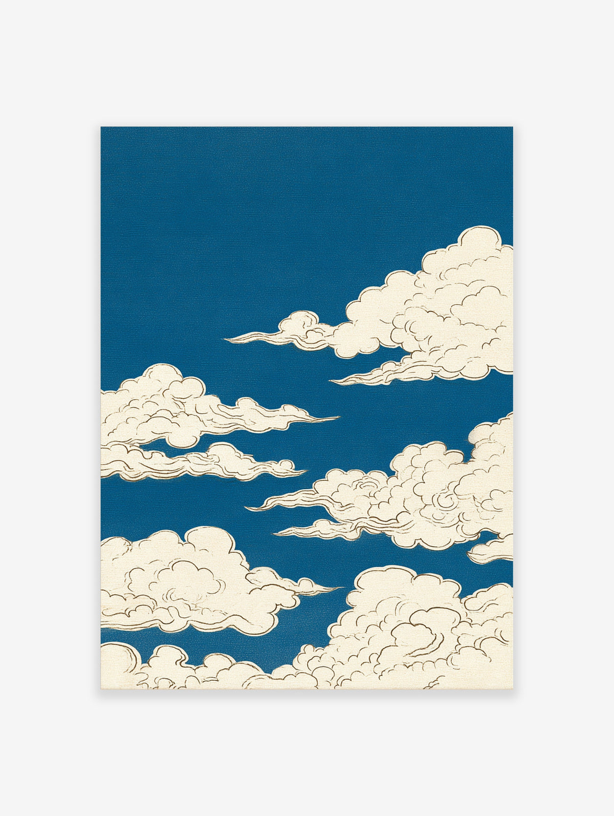 Blue cloud wall art print with cream outlined clouds on deep blue background