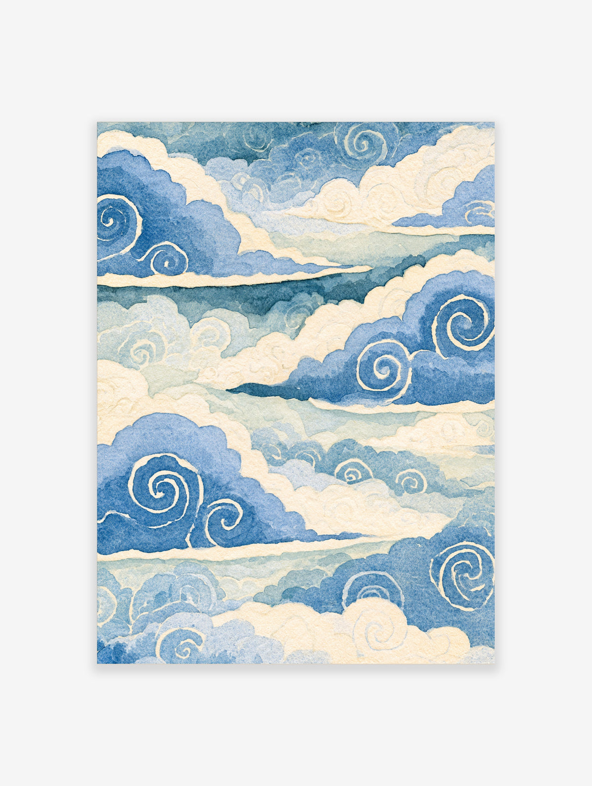 Blue and cream Japanese cloud art print with swirling spiral line details