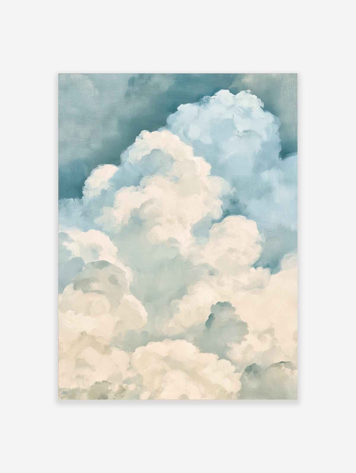 Blue cloud wall art print with soft white cumulus clouds and muted teal sky
