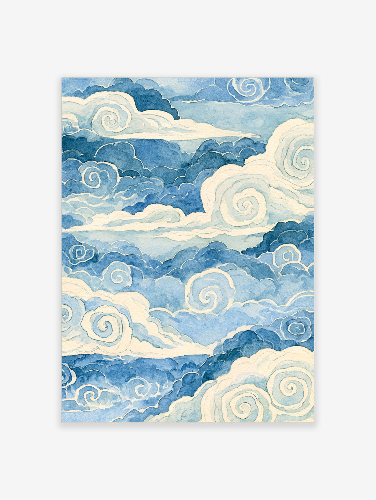Blue and white watercolour cloud wall art with swirling spiral motifs in a layered sky design