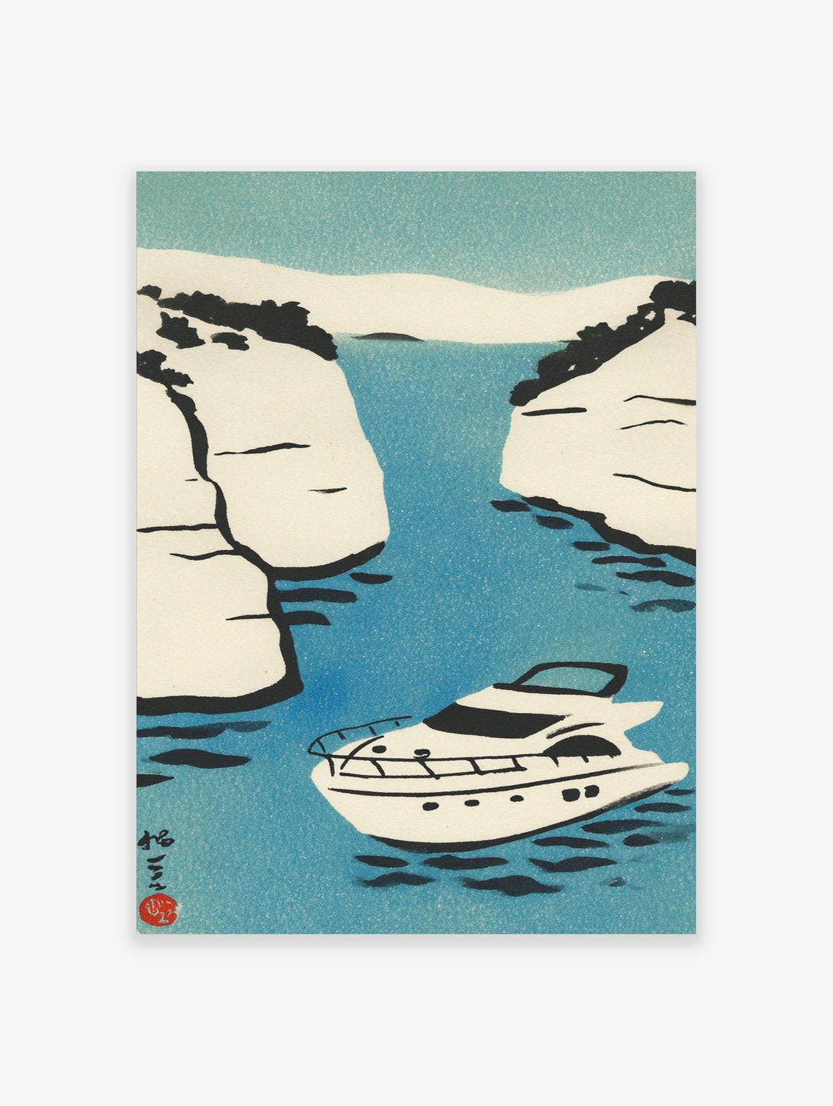 Modern Japanese boat poster of a white yacht on blue water between pale cliffs with a teal sky