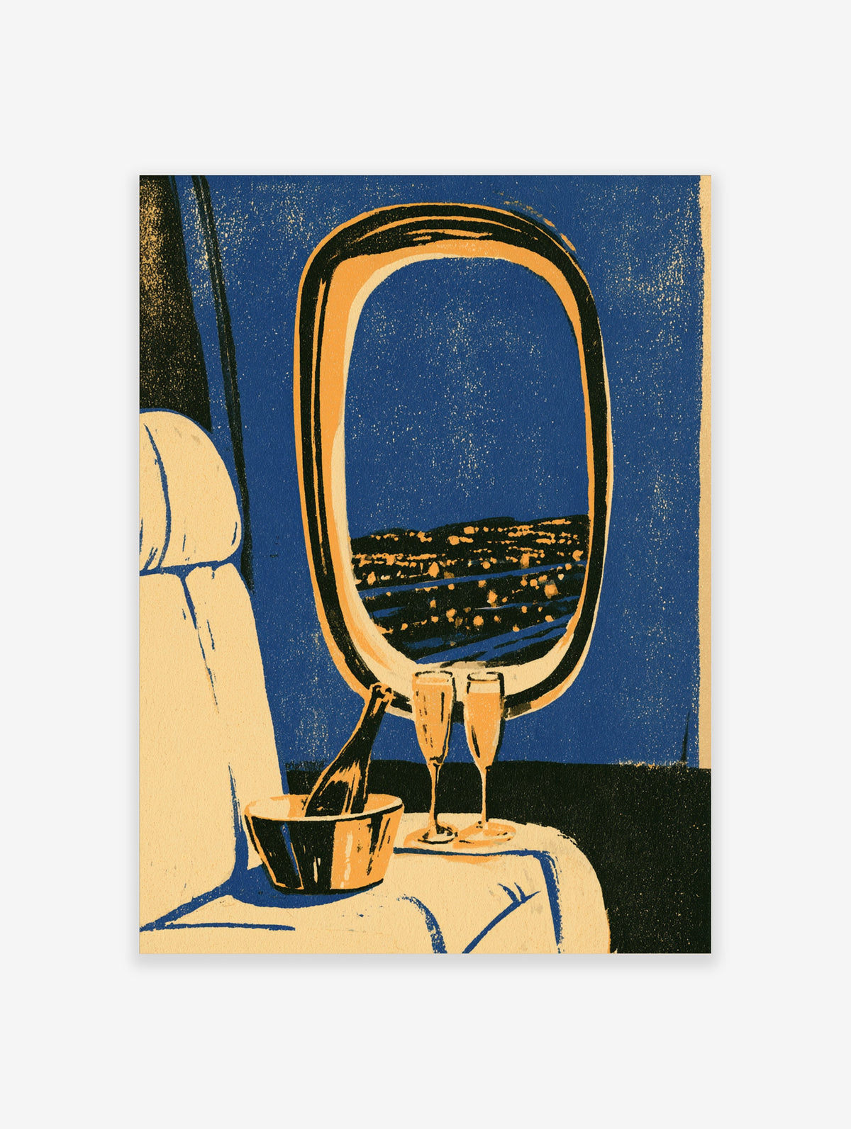 Blue coastal night art print with mirror reflecting city lights, champagne flutes and ice bucket on table